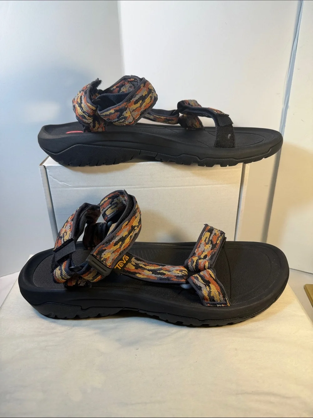 Teva Men’s Black Sandals with Orange and Yellow Patterned Straps